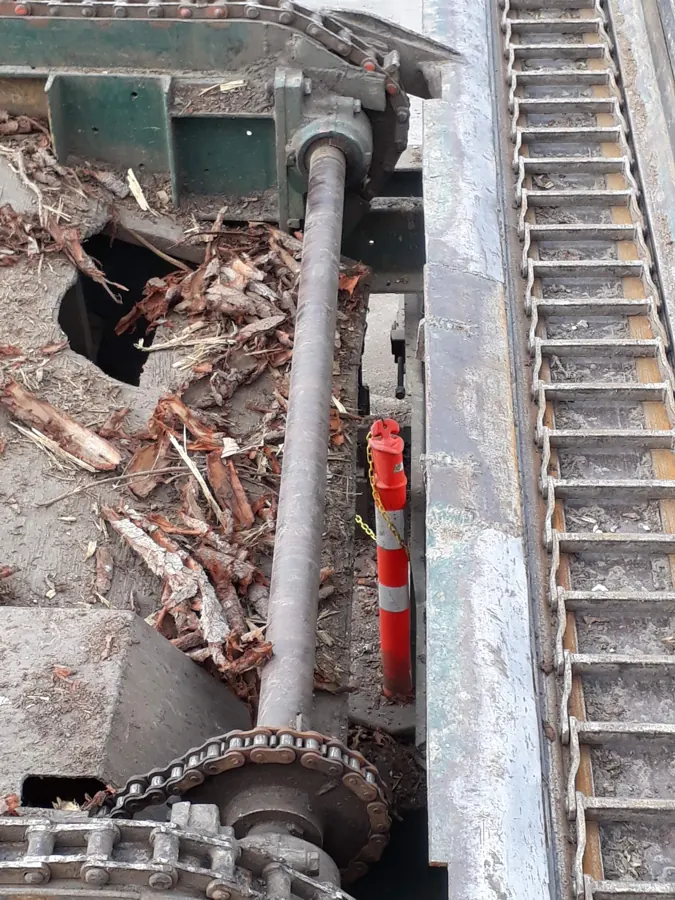 Conveyor drive and belt area opened for repair and cleanout